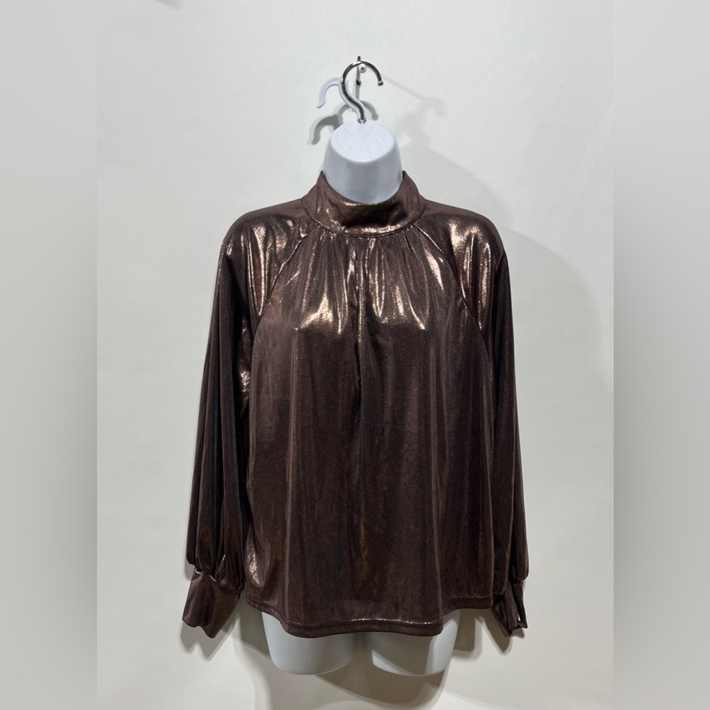 On Twelfth Metallic Brown Loose Fit Women's Blouse Long Sleeve Size Small